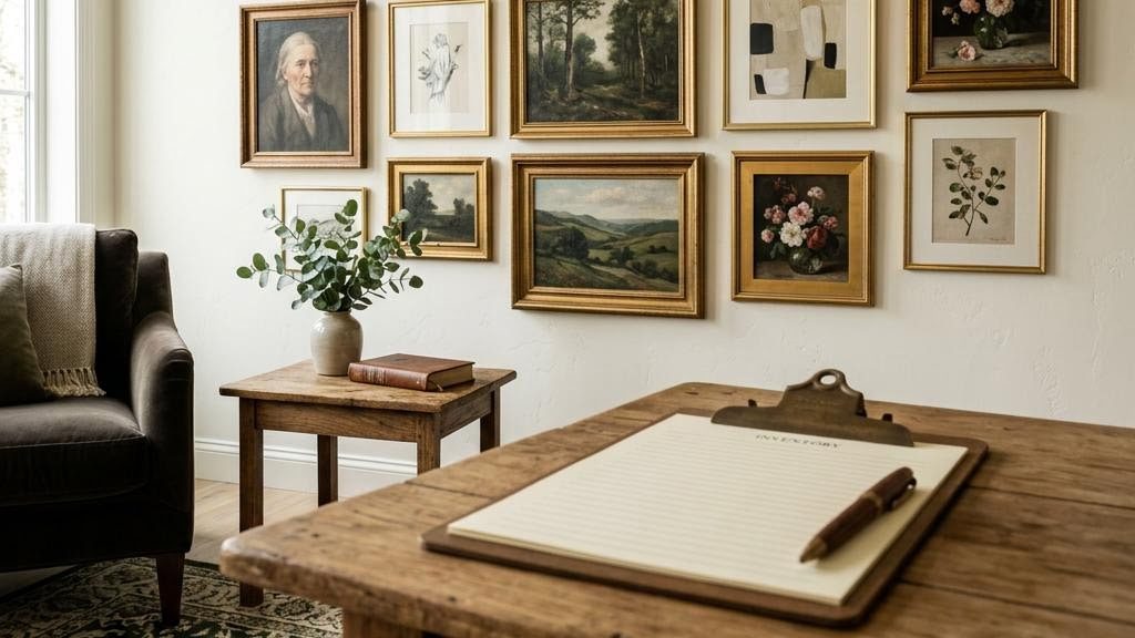 A living room wall hung with framed paintings, with an inventory clipboard and pen on a side table in the foreground