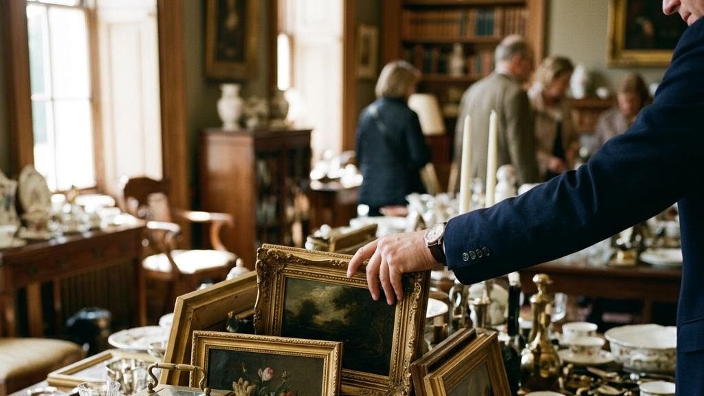 A sunlit estate sale table crowded with porcelain, silver, a gilt clock, and small framed oil paintings