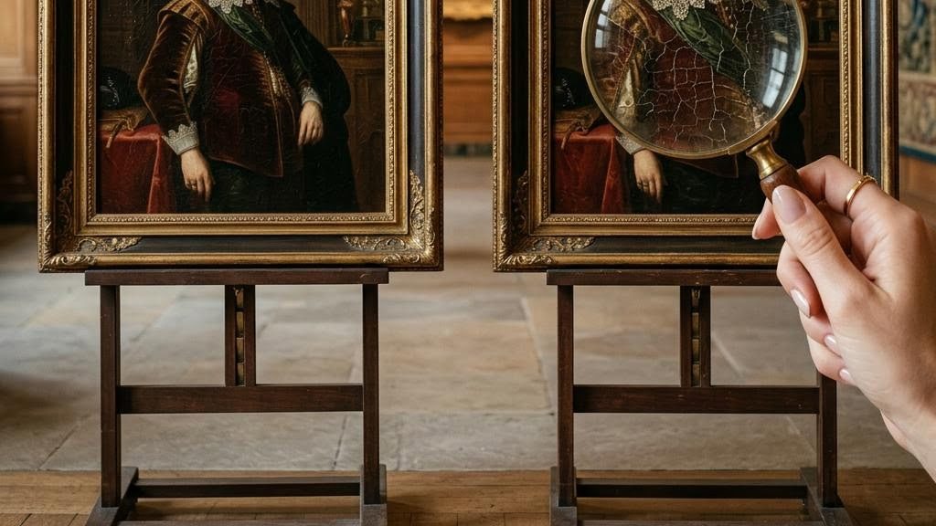 Two nearly identical framed classical paintings side by side, one examined with a magnifying glass showing canvas texture
