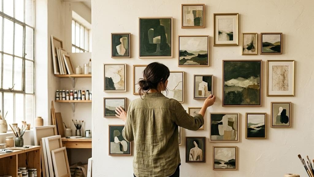 An emerging artist in a bright studio arranging framed paintings against a wall while deciding on prices