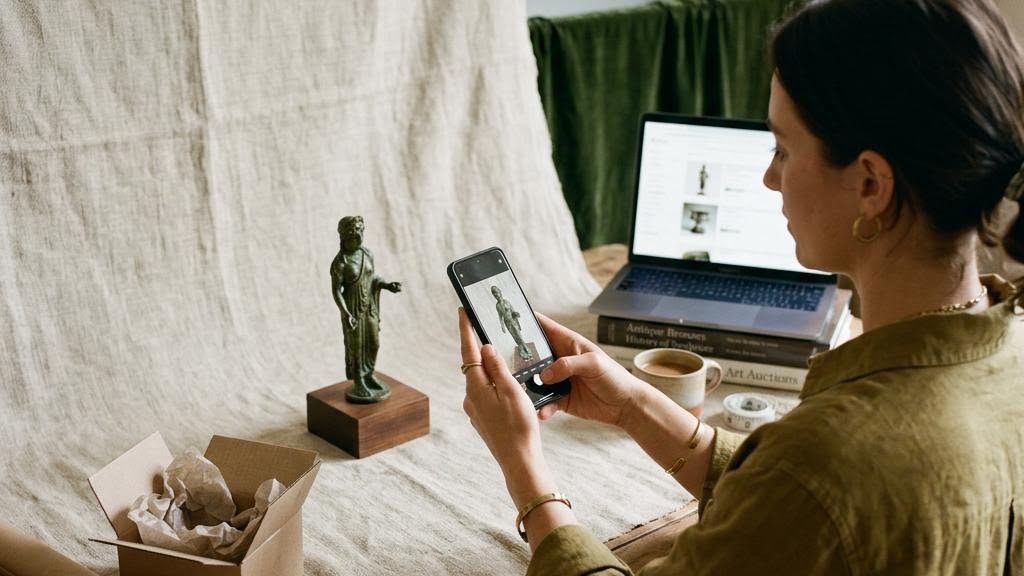 A seller photographing an antique bronze figurine with a smartphone against a linen backdrop, laptop and packing materials nearby