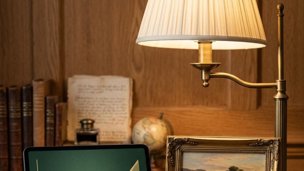A collector's desk with a tablet showing a rising line chart beside a small framed landscape painting and a magnifying loupe